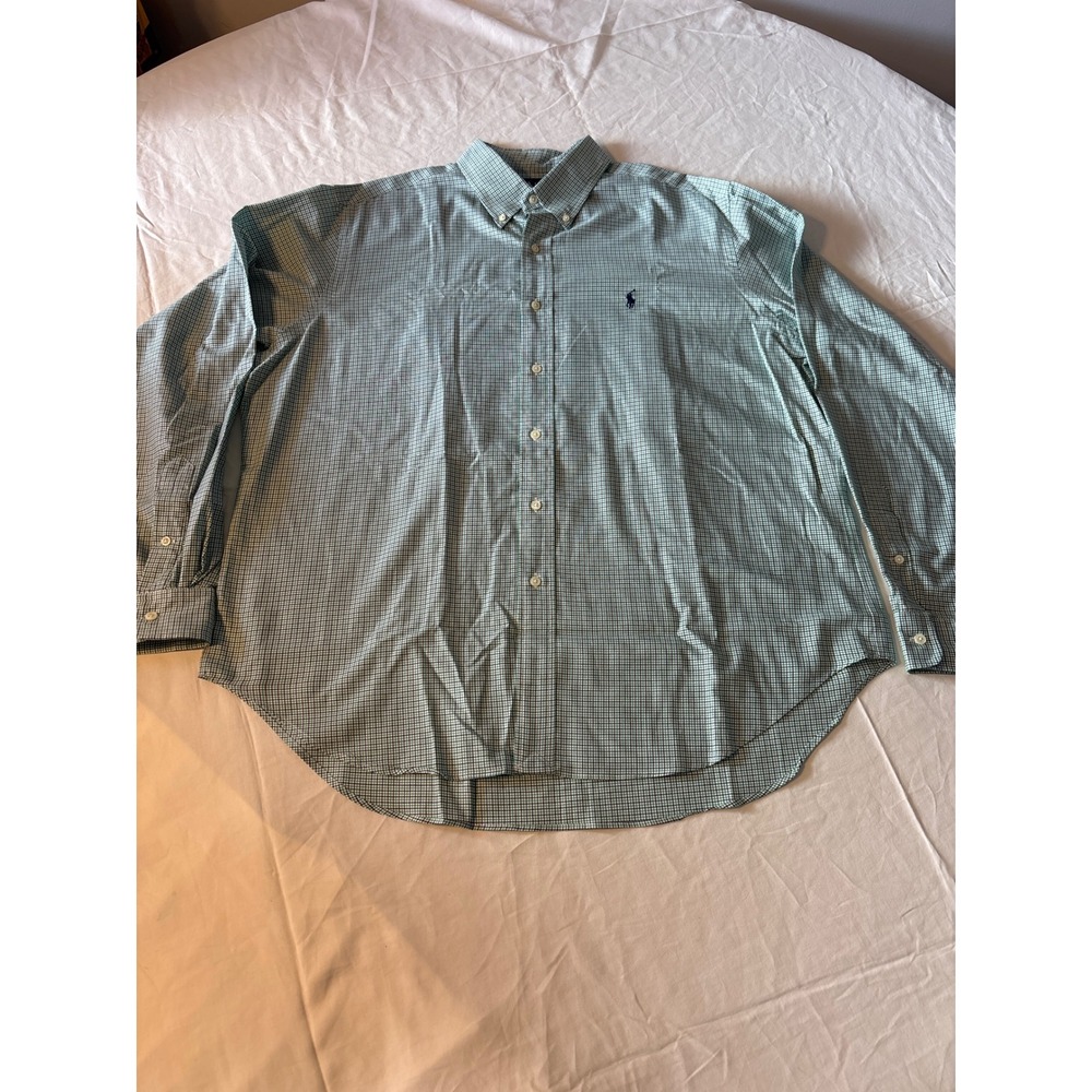 Polo Ralph Lauren Shirt Mens XL Green Navy Micro Check Long Sleeve Excellent